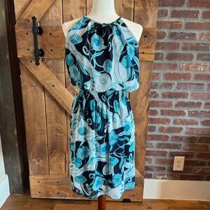 En Focus Studio Halter Dress Size 10 Navy Aqua Blue Floral Print